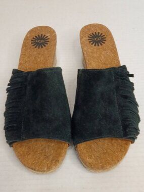 UGG Danes Black Suede Fringe Espadrille Wedge Slides Women’s Size 7